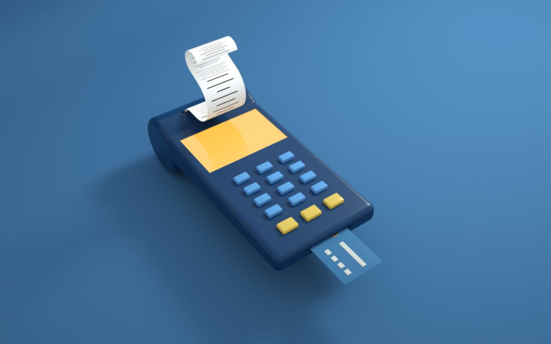 Blue digital card payment terminal on a plain background, representing payment processors for adult creators