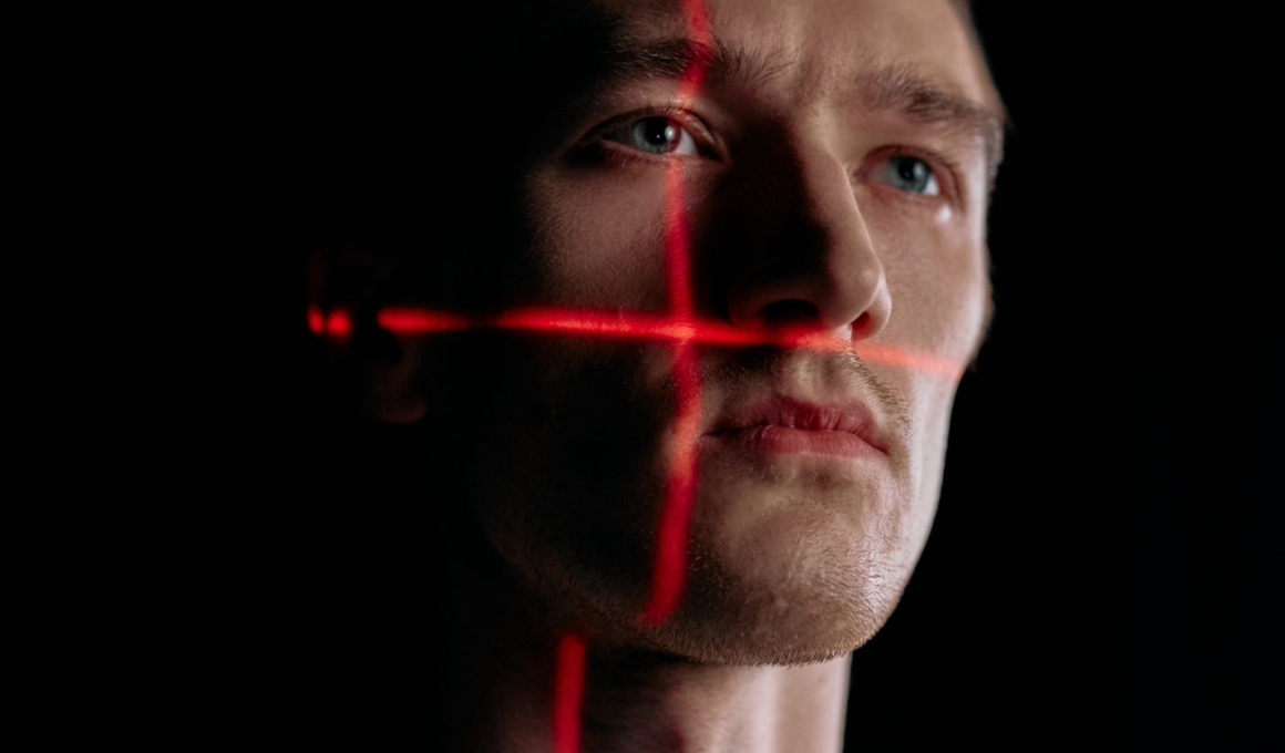 Facial-scan grid overlay on a portrait, representing AI and deepfake content detection policy